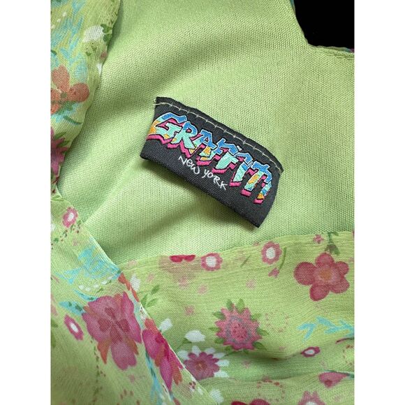 Rare Vintage Y2k Graffiti New York Chic Chiffon Green Floral Midi Dress size XS - Picture 7 of 7